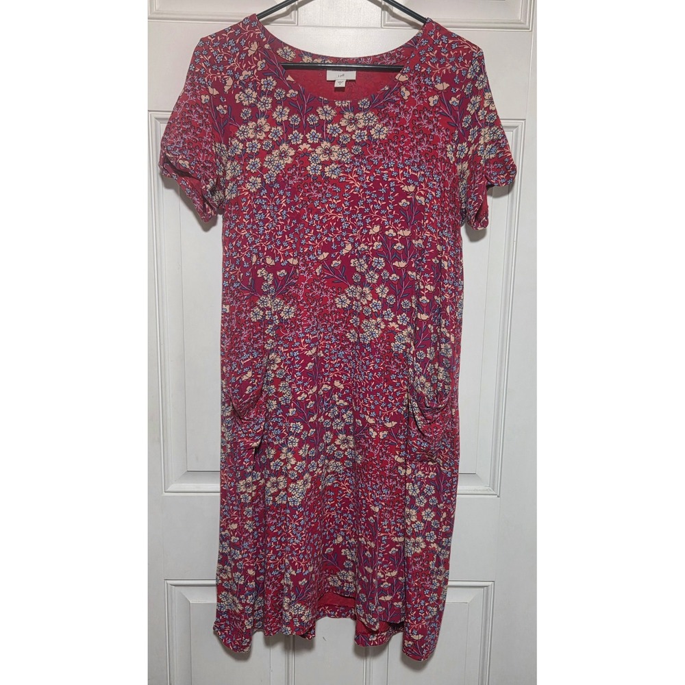 J. Jill Red Floral Cotton Tencel Modal Knit Pocket Dress Medium